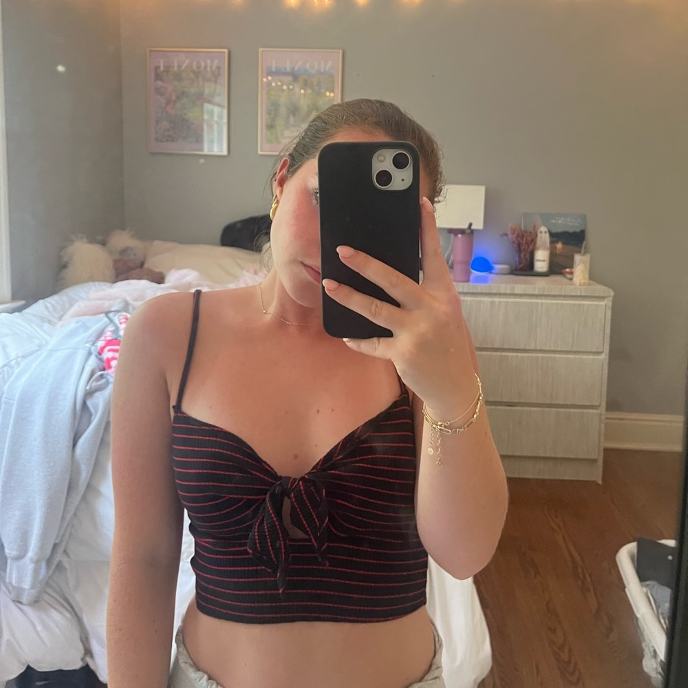 Urban Outfitters Red and black striped tie front crop top #stripes